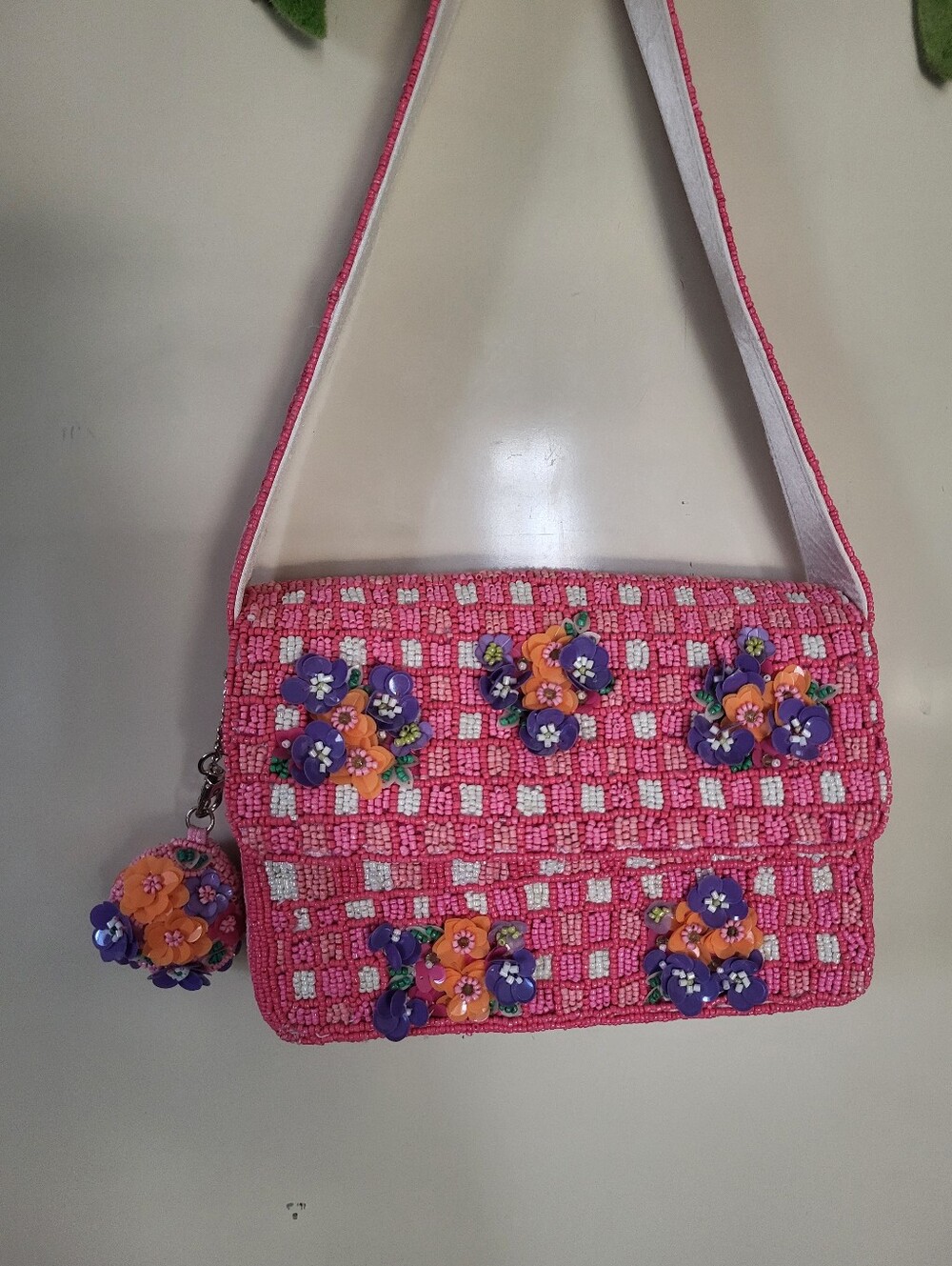 Handmade In India Pink Floral Beaded Bag With Beaded Charm